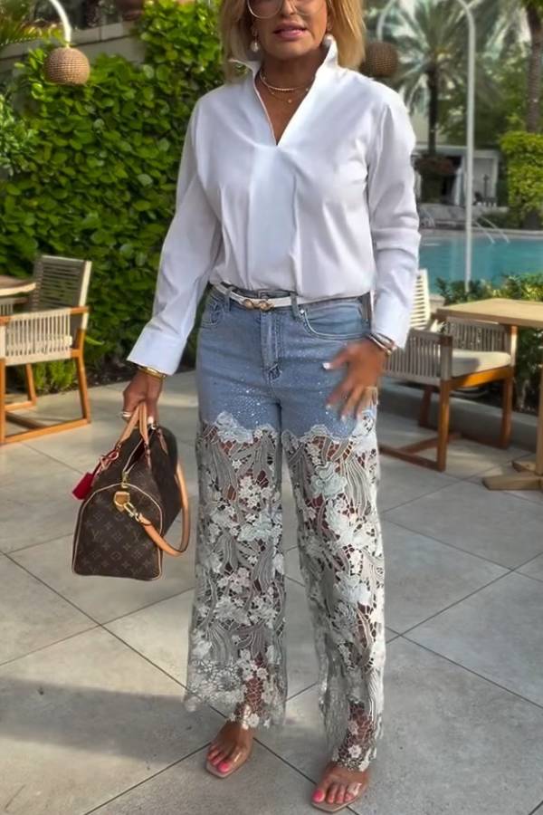 High Waist Rhinestone Hollow Lace Spliced Denim Flare Jeans
