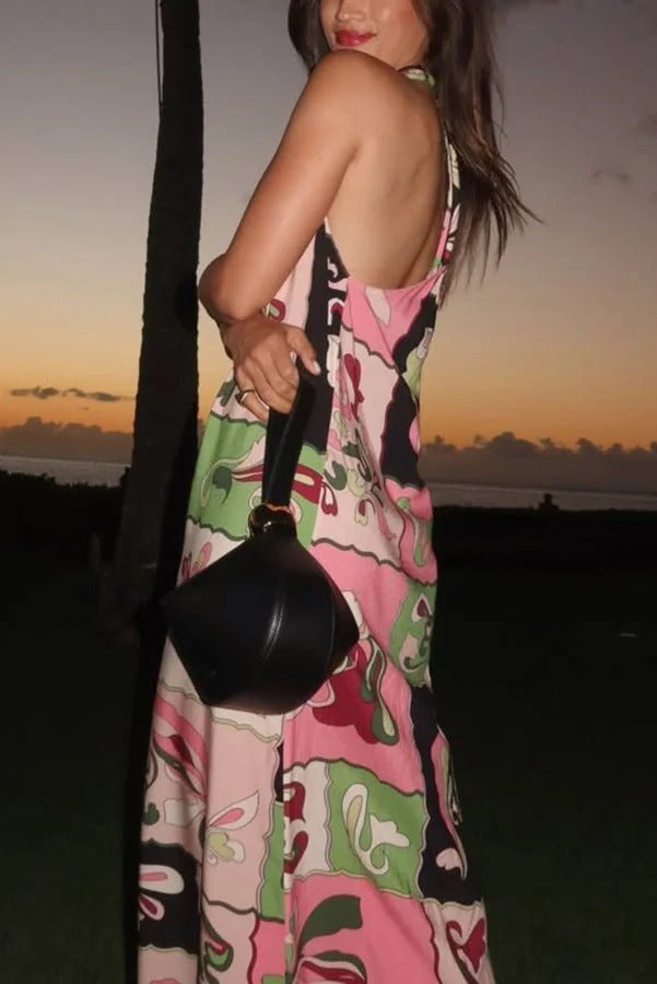 Vacation Night Unique Color-block Print U-shaped Shoulder Strap Maxi Dress