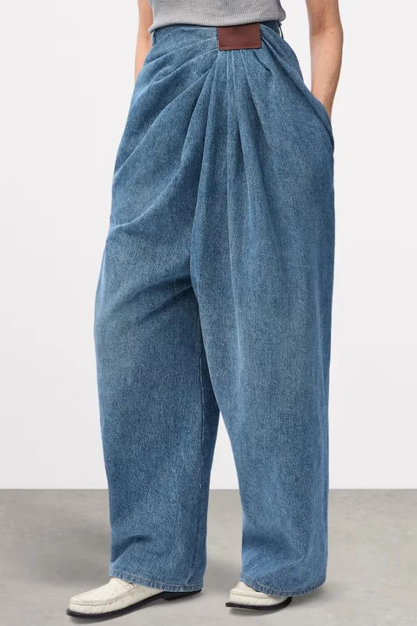 Stylish Pleated Casual Pocket Wide-leg Jeans