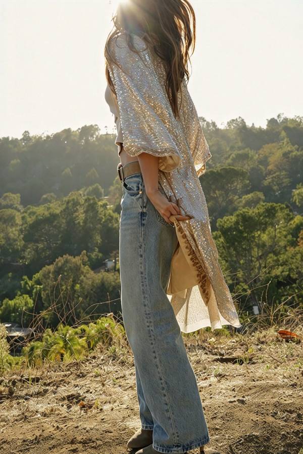 Janey Sequin Embroidered Flowers Trim Half Bell Sleeve Loose Kimono Jacket