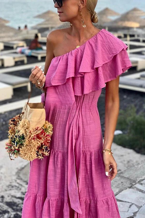Cotton Blend Ruffle One Shoulder Belt Maxi Dress