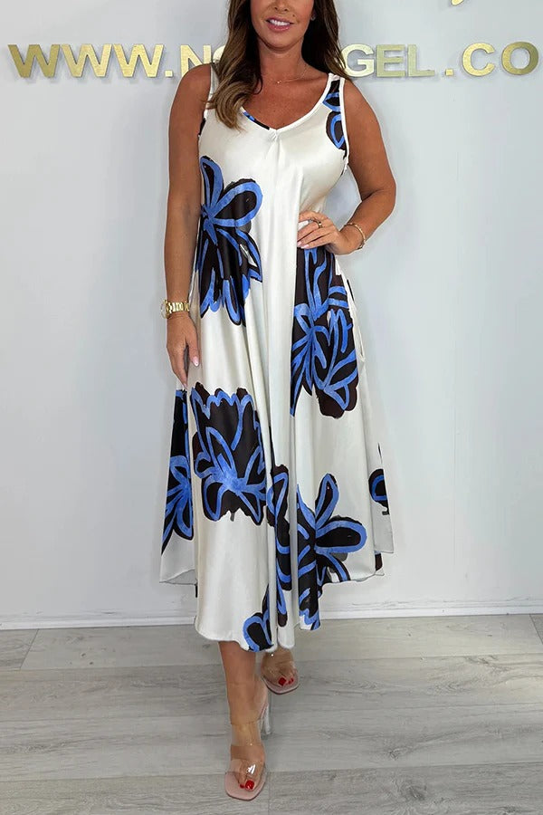 Satin Unique Print V-neck Suspender Midi Dress