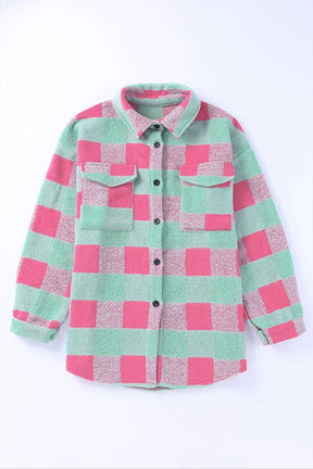 Pink Plaid Colorblock Casual Oversized Jacket