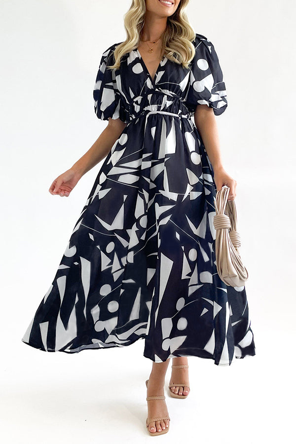 Elegant V-neck slim waist large swing skirt printed dress
