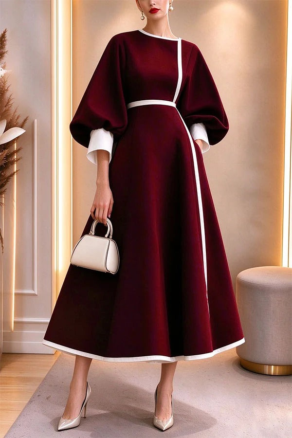 Elegant Color-block Lantern Sleeve Cinched Waist Pocketed Mid Dress