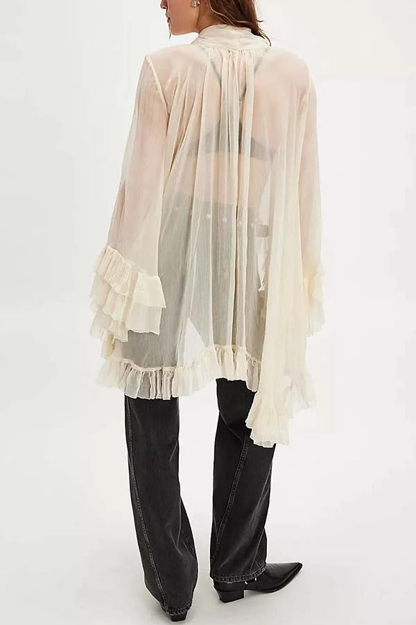 Flowy See-through Ruffle Tie-up Neck Bell Sleeve High-low Hem Cape Shirt