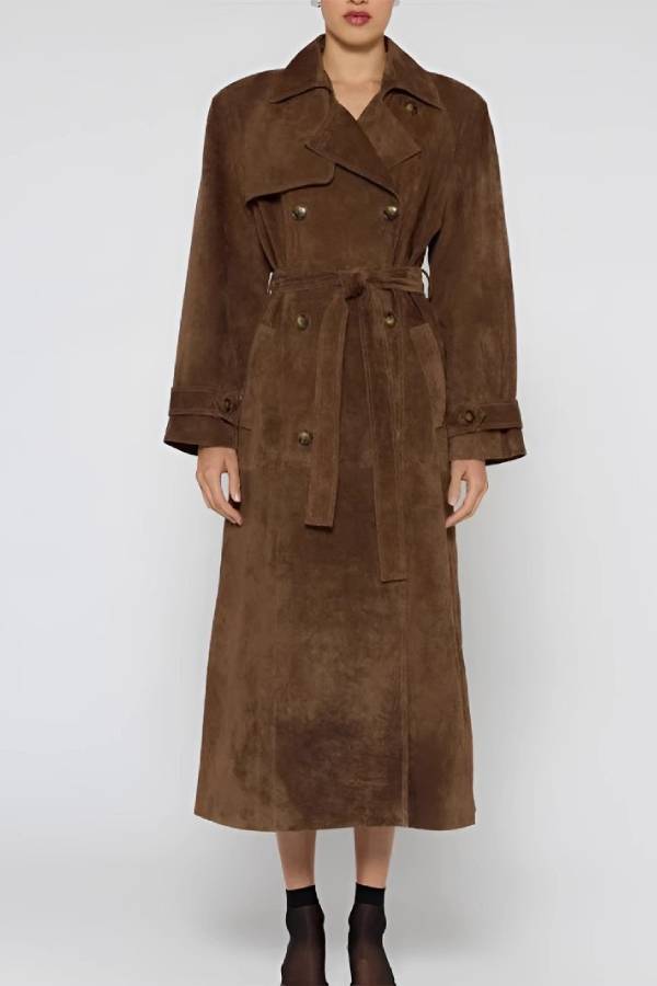 Vintage Caramel Brown Suede Long Trench Coat