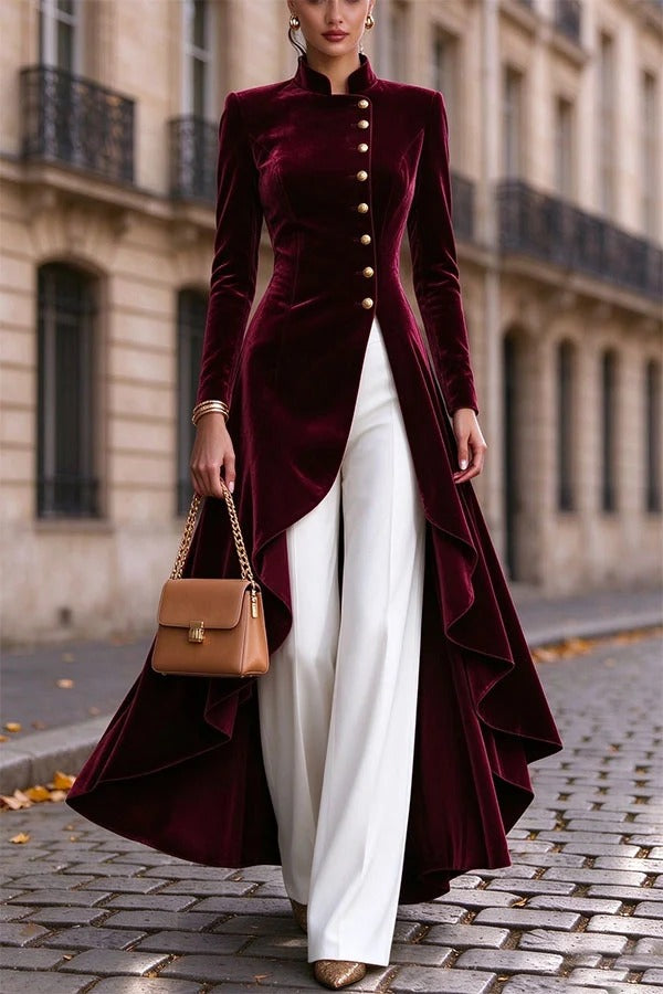 Napoleon Style Velvet Stand Neck Button Long Sleeve High Low Hem Midi Coat