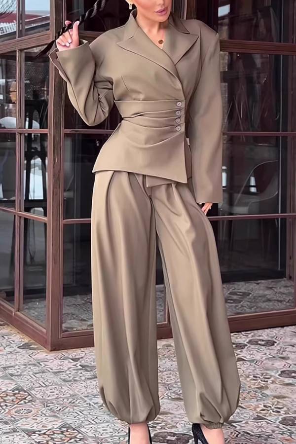 Ruched Waist Asymmetrical Blazer & Cuffed Pants Two‑Piece Set