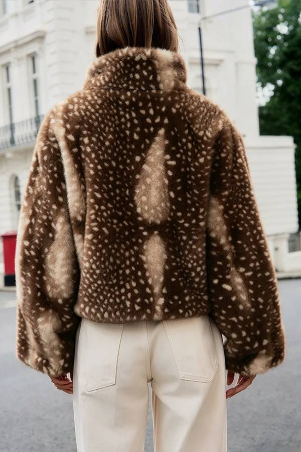 Bambi Print Faux Fur Funnel Neck Zip Long Sleeve Drawstring Hem Jacket