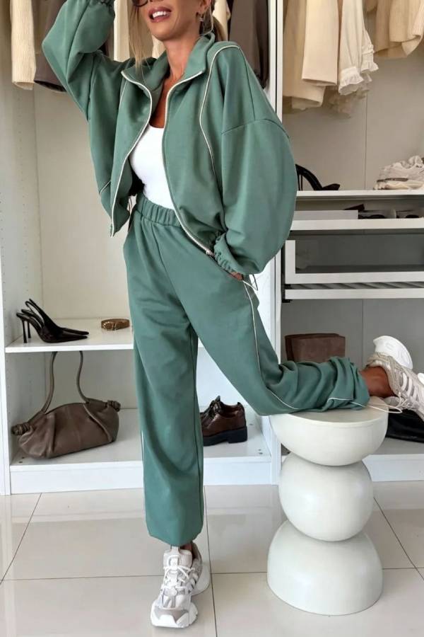 Contrast Stitch Zip Up Stand Collar Jacket & Jogger Pants 2 Piece Tracksuit