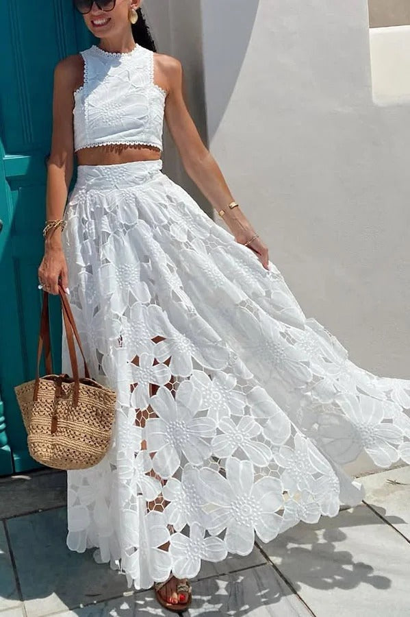 Next Trip Floral Embroidery Crochet Lace Elastic Waist Pocket Maxi Skirt