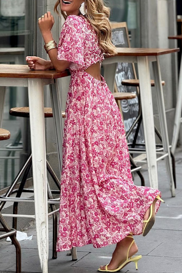 Red floral V-neck leisure holiday dress