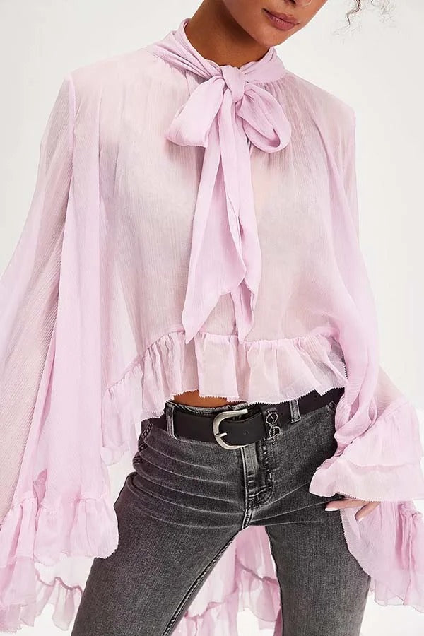 Flowy See-through Ruffle Tie-up Neck Bell Sleeve High-low Hem Cape Shirt