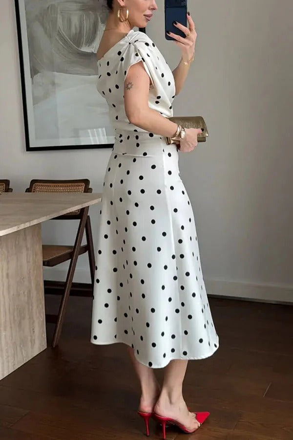 Adelah Polka Dot Print One Shoulder Ruched Short Sleeve Midi Dress