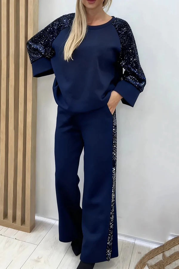 Stylish Sequined Loose-fitting Crew Neck Top and Casual Pocket Wide-leg Pants Set