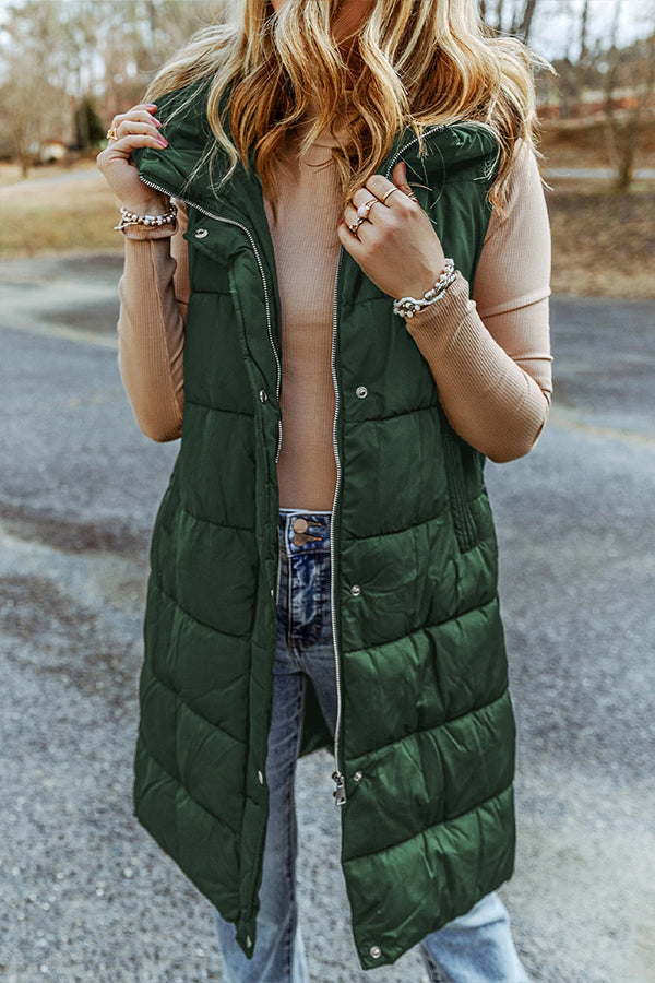 Hooded Pocketed Quilted Long Vest Coat