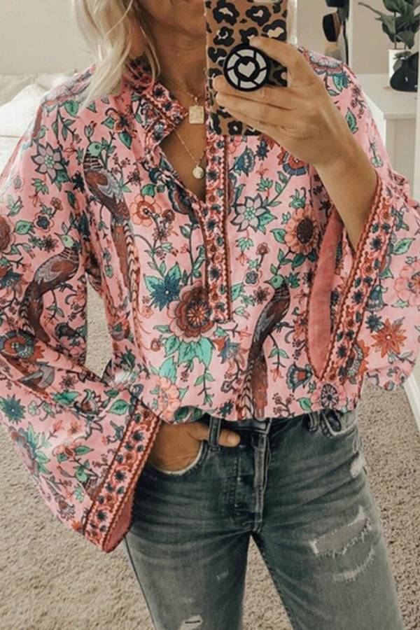 Retro floral and bird print bell sleeve V-neck top