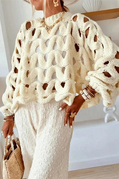 Solid Color Casual Hollow Long-sleeved Holiday Knitted Sweater