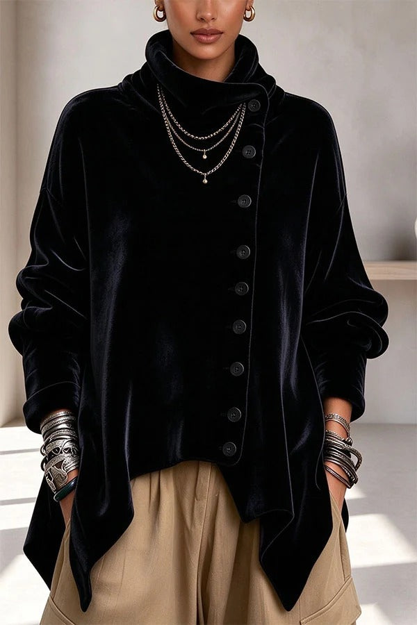 Casual Chic Velvet High Neck Long Sleeve Button Detail Asymmetrical Hem Top
