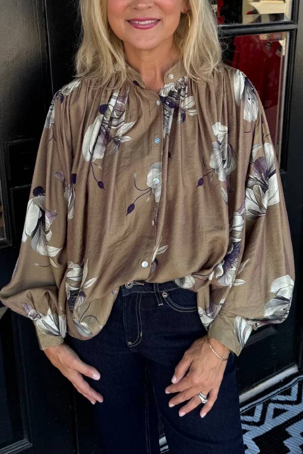 Stand‑Collar Floral Print Puff Sleeve Loose Blouse