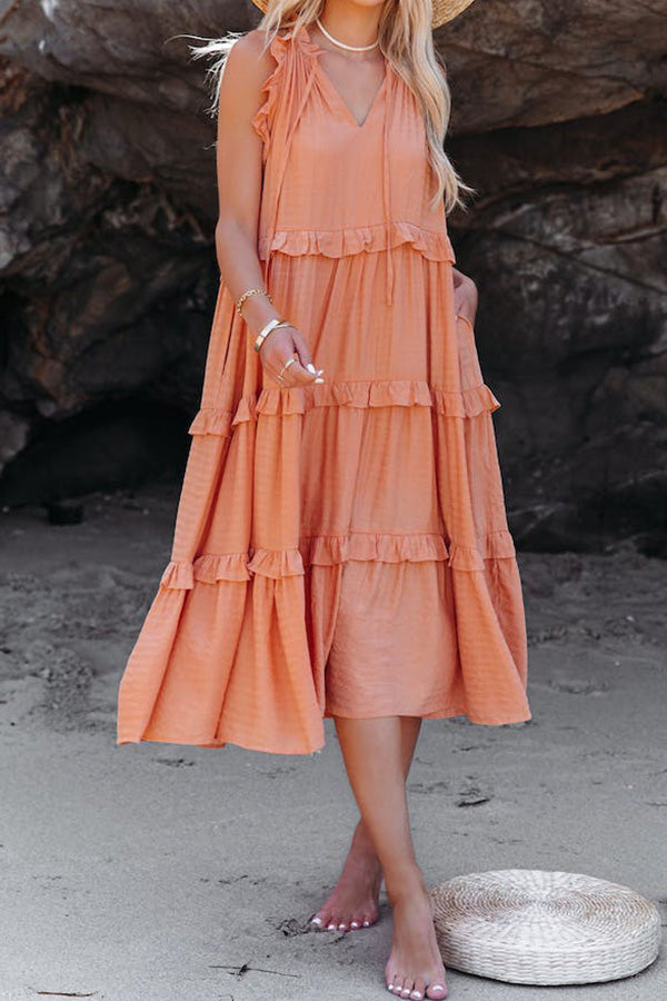 COTTON BLEND POCKETED TIERED MIDI DRESS