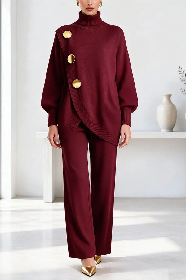 Elegant Knit High Neck Asymmetric Button Top and Wide Leg Stretchy Pants Set