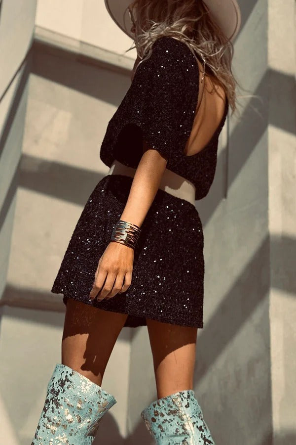 Night Moves Sequin Fabric Short Sleeve Backless H-line Mini Dress
