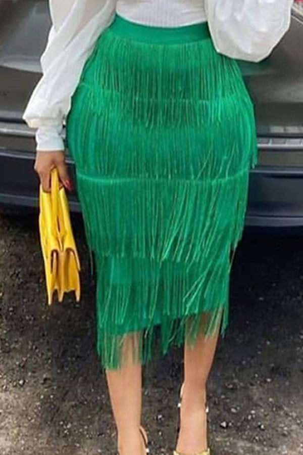 SOLID COLOR HIGH WAIST ELASTIC WAIST PLEAT FRINGED SKIRT
