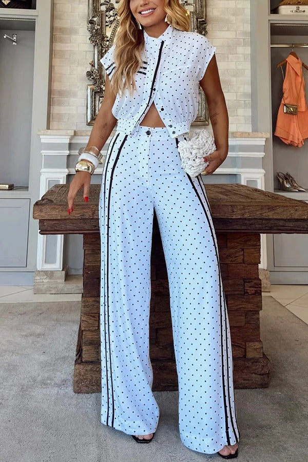 Sporty Polka Dot Striped Print Short Sleeve Jacket and High Rise Elastic Waist Wide Leg Pants Set