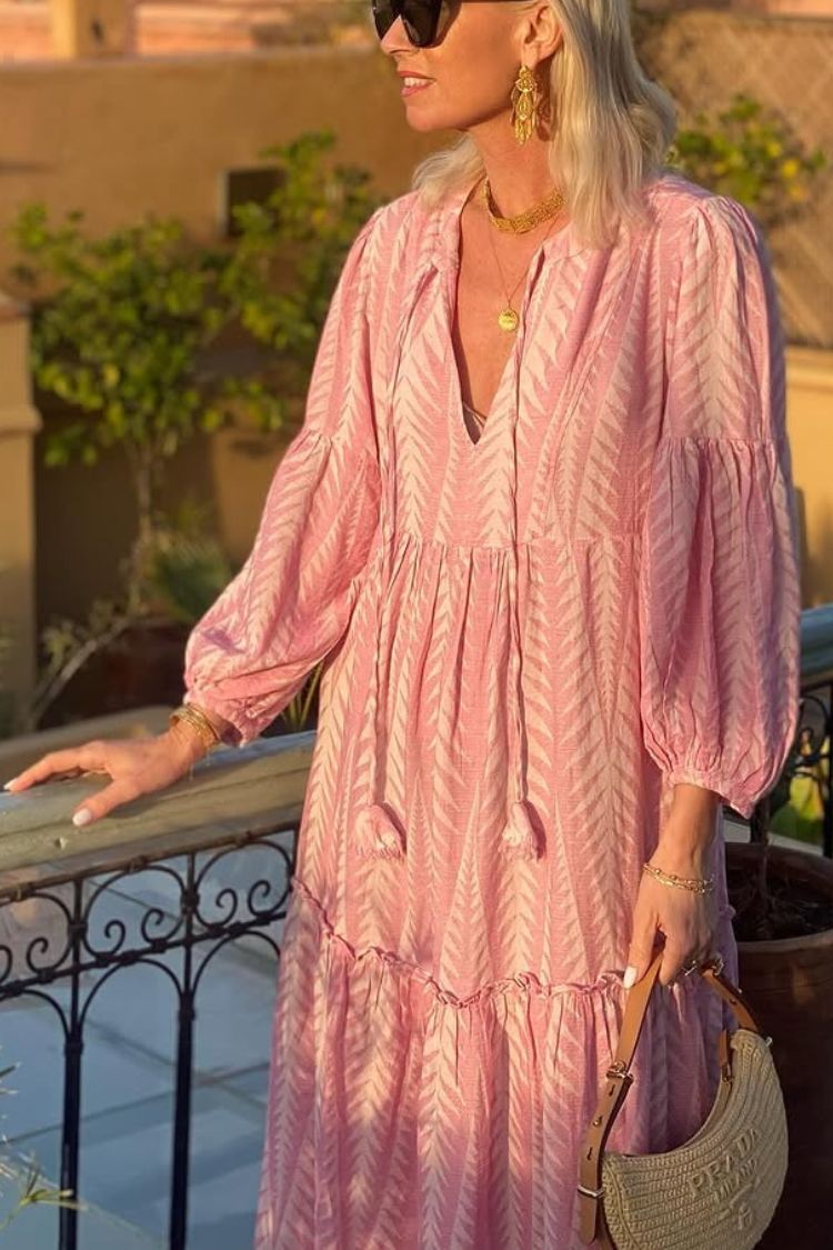 Marrakech Stories Linen Blend Printed Balloon Sleeve Pocketed A-line Midi Dress