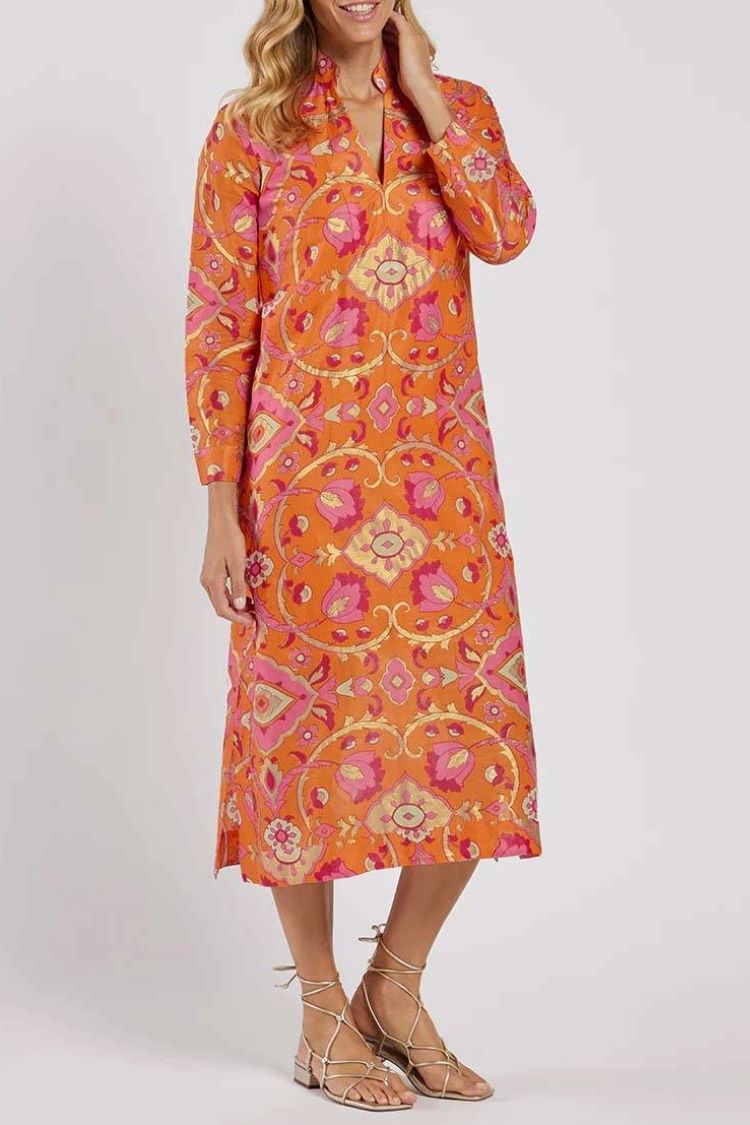 Stand Collar Printed Midi Dress