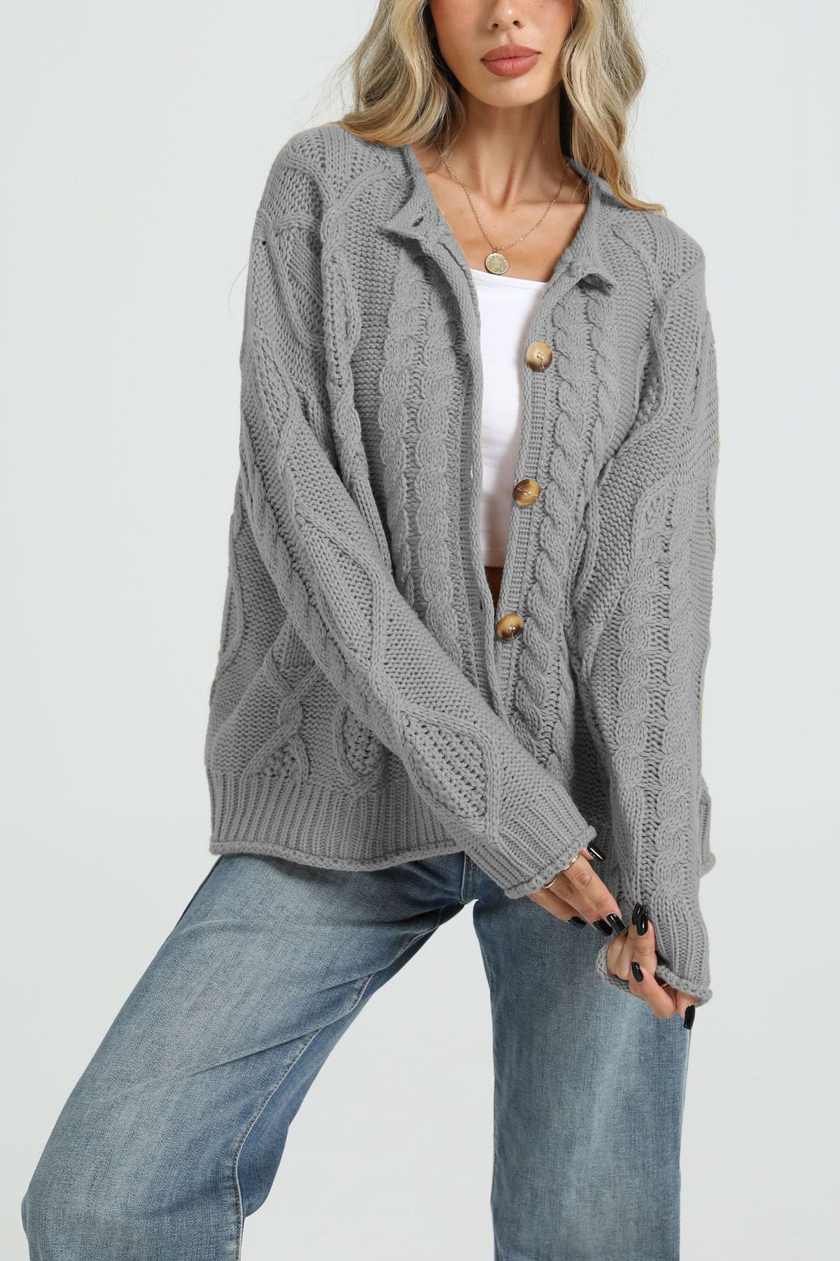 Collared Cable Knit Chunky Cardigan Sweater Coat