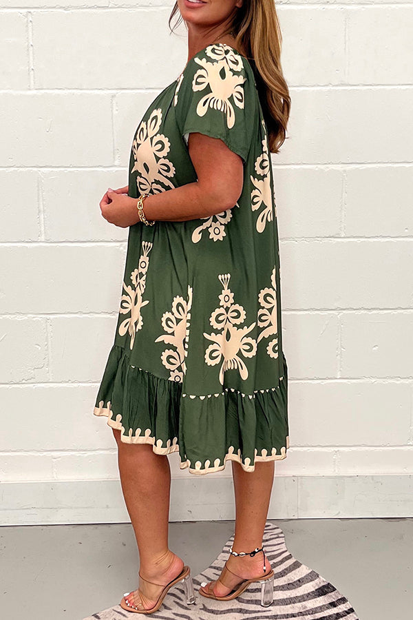 Vintage Print Round Neck Dress