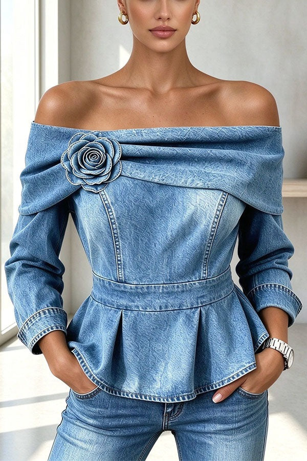 Off-Shoulder Denim Peplum Top with Rose Applique