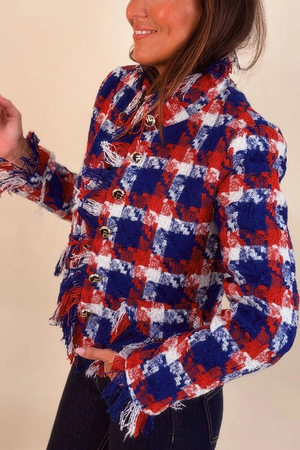 Muse Color Block Tweed Tassel Trim Button Up Long Sleeve Pocket Jacket