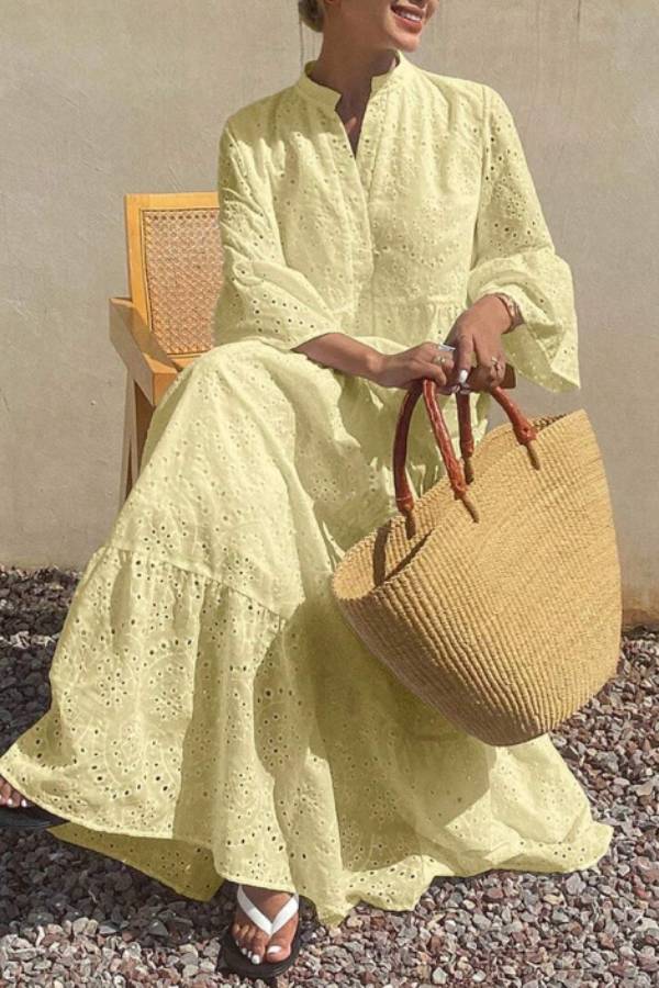 Stand‑Collar Eyelet Embroidery Ruffle Sleeve Tiered Maxi Dress