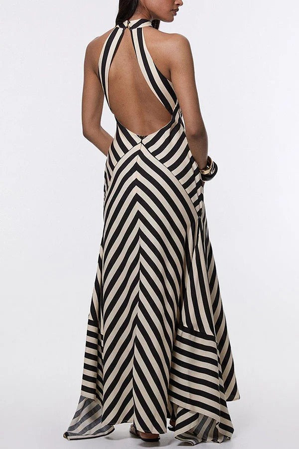 Modern Perfection Geometric Stripes Print Open Back Irregular Hem Maxi Dress