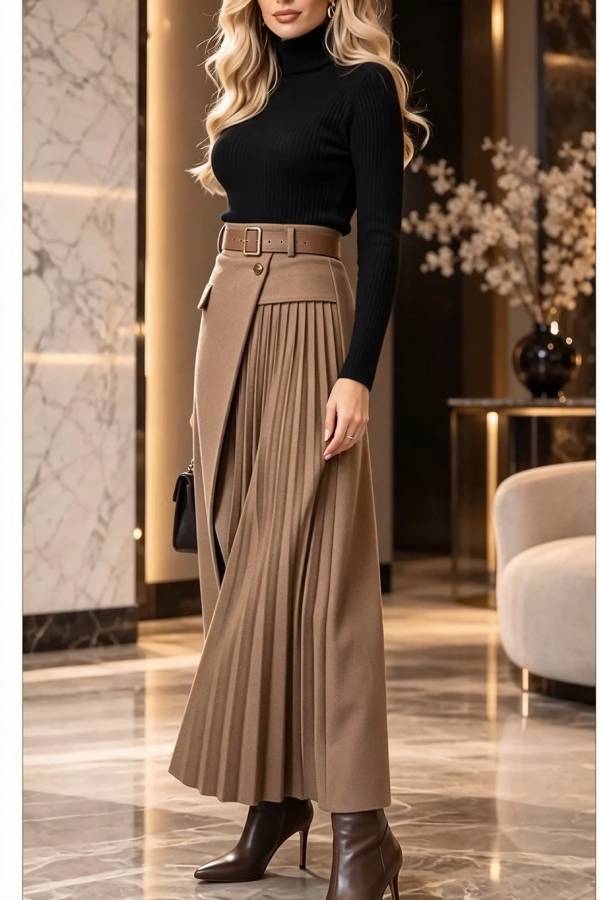 Distinctive Style High Rise Pocketed Pleated Hem Slit Maxi Skirt