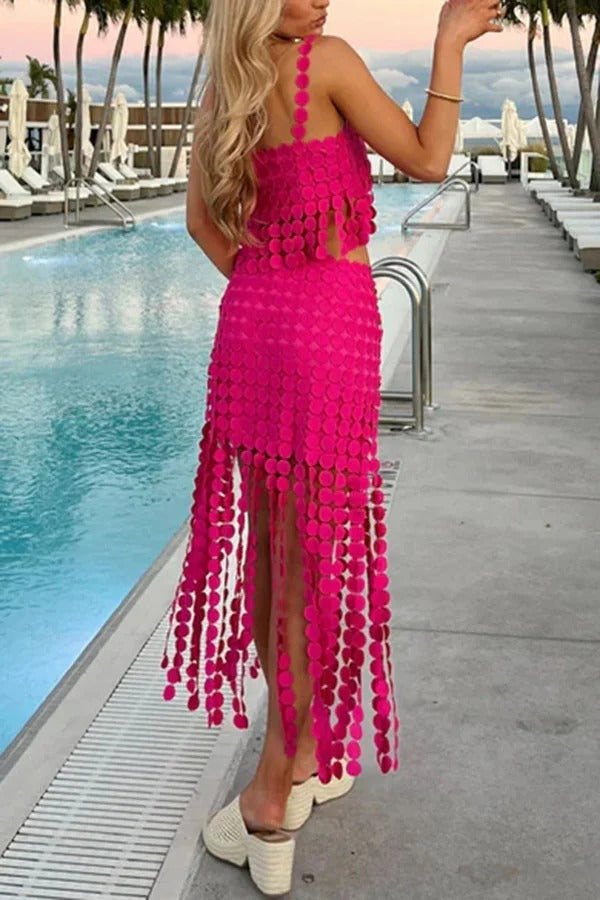 Caitlin See Through Circle Embroidery Square Neck Tassle Hem Slip Tank