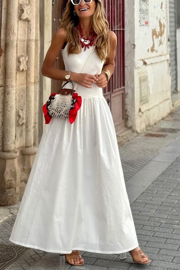 White Waist Loose Hem Sleeveless Round Neck Long Dress