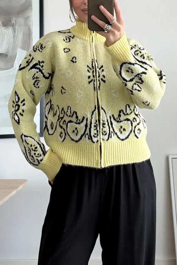 Bandana Knit Printed High Neck Long Sleeve Zipper Relaxed Cardigan