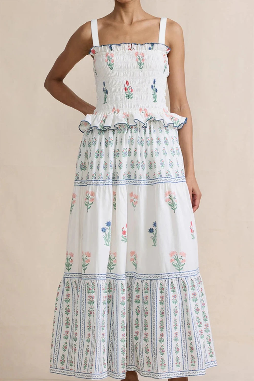 White Floral Print Frill Smocked Bodice Boho Dress