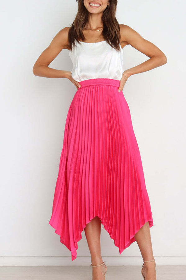 Solid color sun pleated elastic high waist casual all-match fashion dress