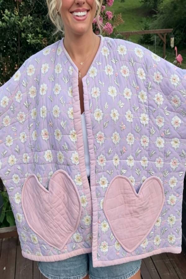 Sweet Floral Quilted Jacket With Heart‑Shaped Pockets