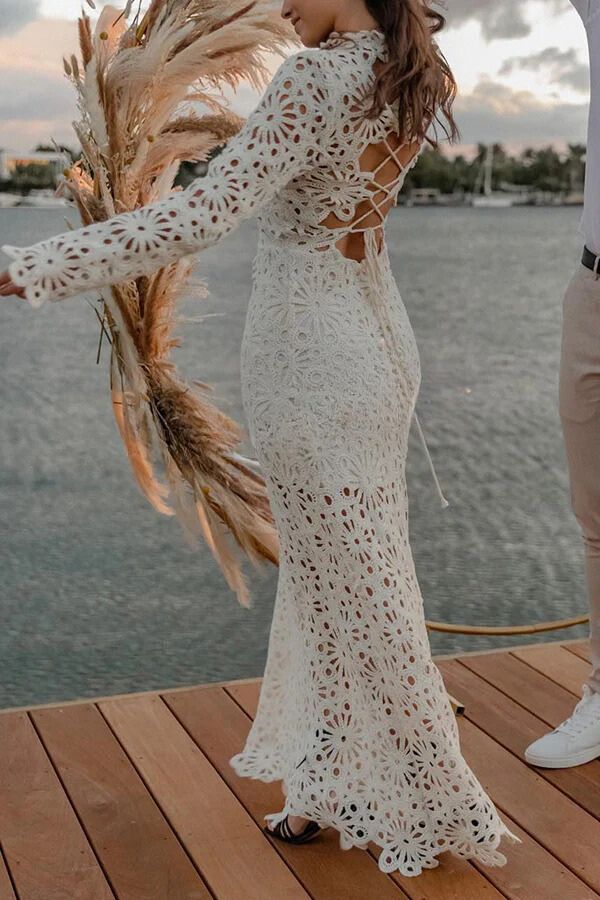 Forever Sunsets Crochet Back Lace-up Coverup Maxi Dress