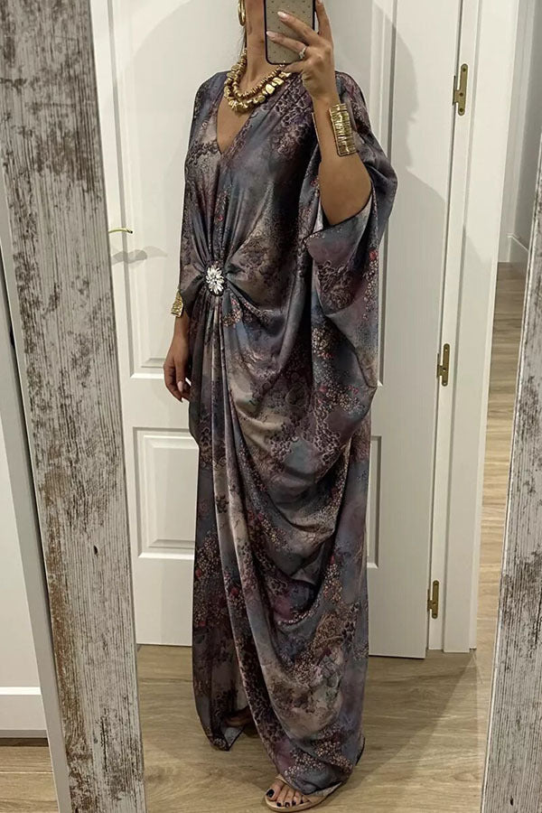 Satin Printed Rhinestone Twist Loose Kaftan Maxi Dress