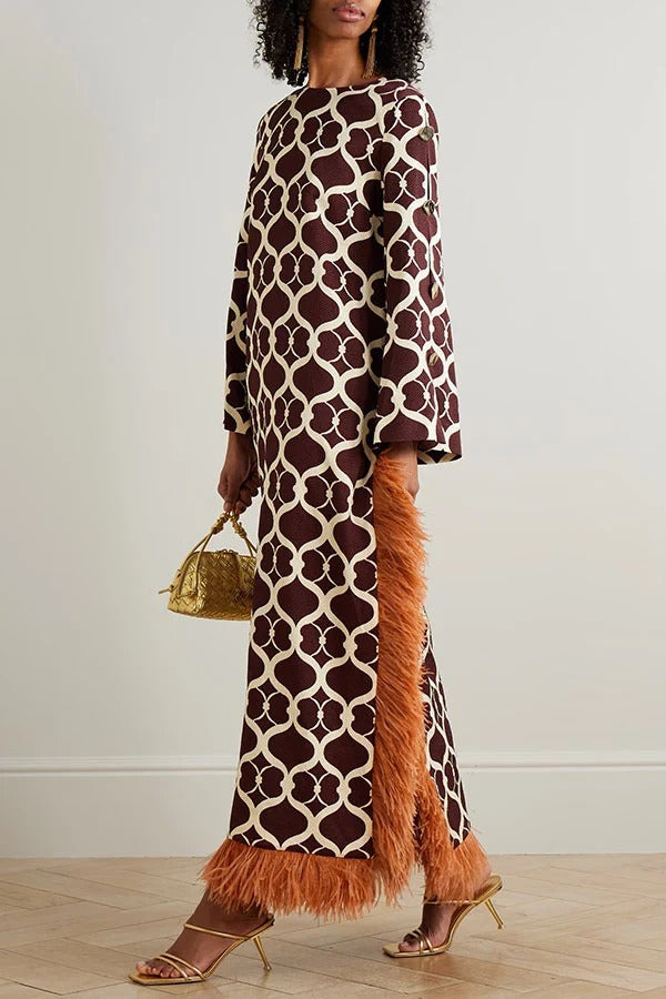 Luxe Hush Satin Palace Style Print Long Sleeve Side Slit Feather Trim Maxi Dress