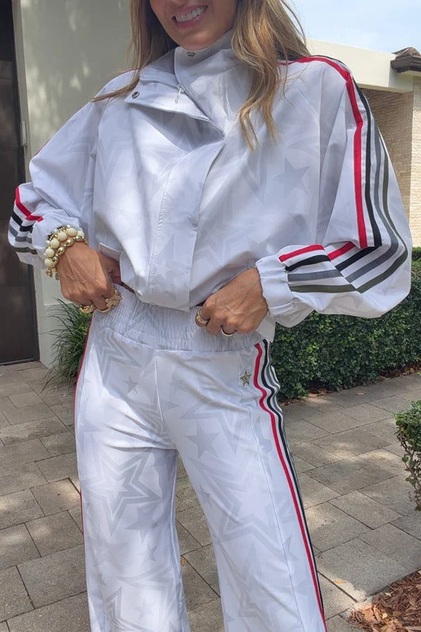 Rylee Colorblock Striped Star Print Zipper High Neck Pocket Sporty Jacket