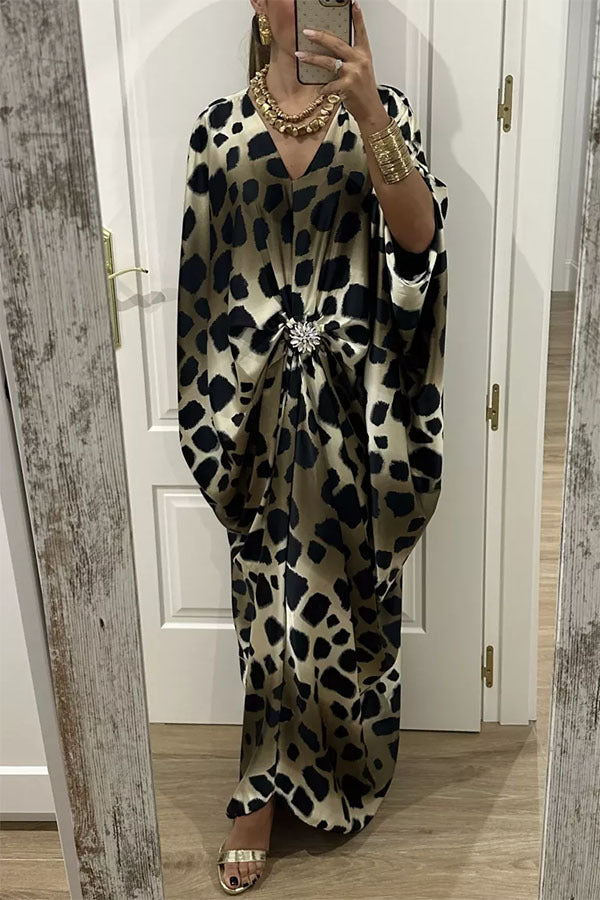 Satin Printed Rhinestone Twist Loose Kaftan Maxi Dress